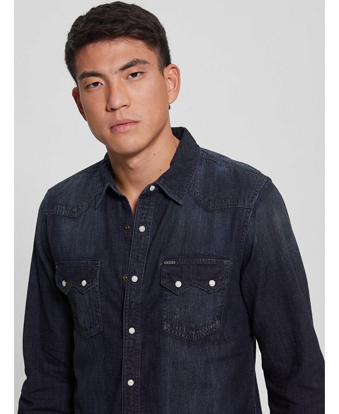 GUESS Men's Long Sleeves Regular Fit Denim Western Shirt Macy's