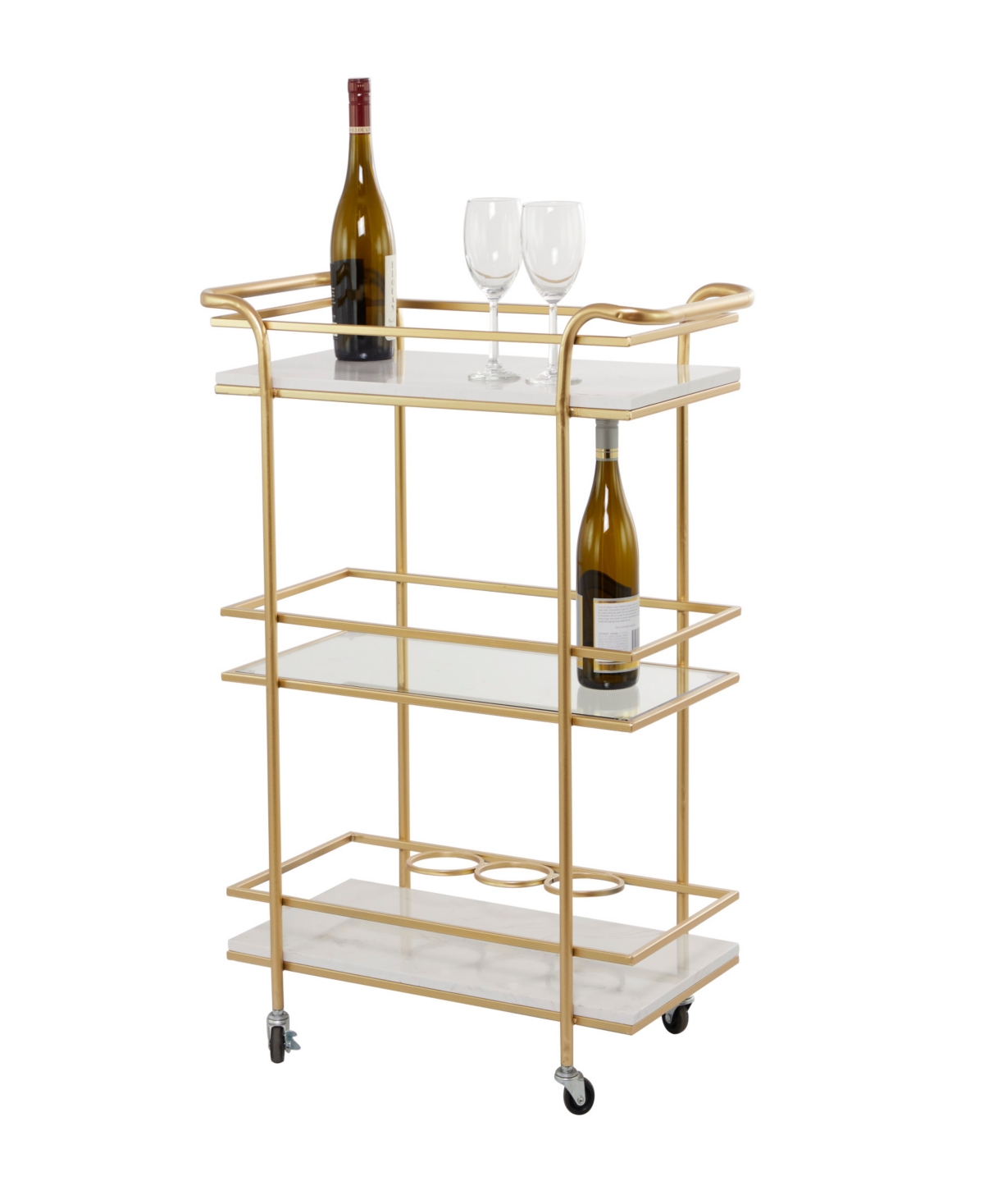 Rosemary Lane 27" X 13" X 33" Marble Rolling 1 Glass And 2 Marble Shelves With Handles Bar Cart In Gold