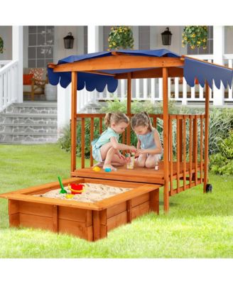 Wooden Retractable Sandbox with Cover & Built-in Wheels Kids