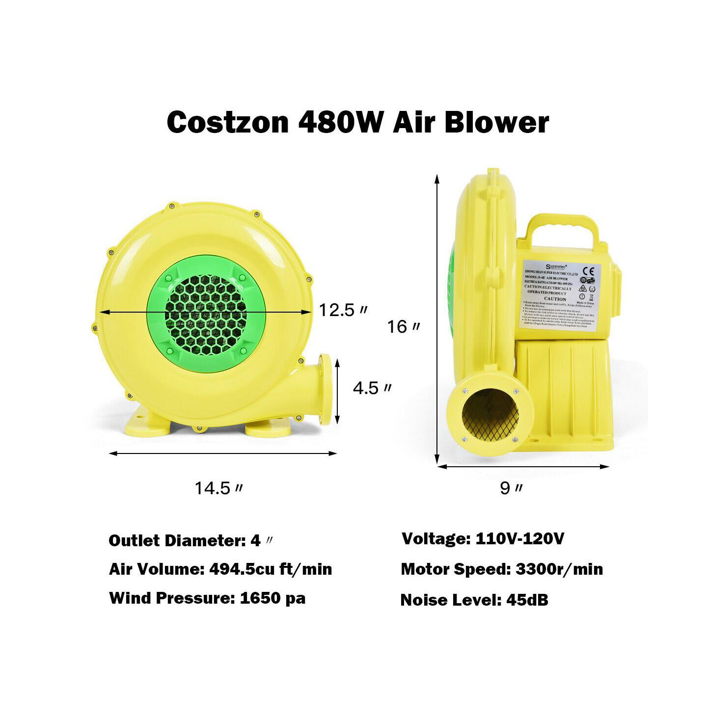 Детские игрушки Costway 480 Watt Air Blower Pump Fan For Inflatable Bounce Houses, Ages 3 & Up, цвет: Жёлтый — фото 9