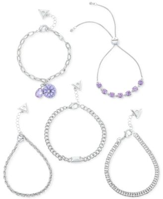 GUESS - Silver-Tone 5-Pc. Set Mixed Crystal Purple Flower Bracelets
