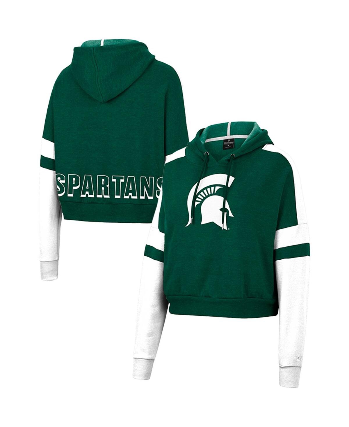 Women's Colosseum Heather Green Michigan State Spartans Throwback Stripe Arch Logo Cropped Pullover Hoodie - Heather Green