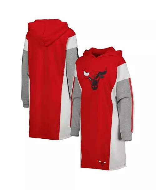 women's red, white chicago bulls bootleg long sleeve hoodie t-shirt dress