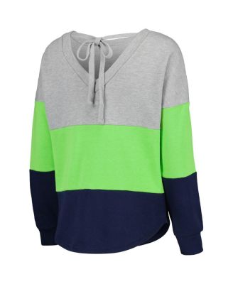 Women's Heathered Gray, College Navy Seattle Seahawks Outfield Deep V-Back Pullover Sweatshirt