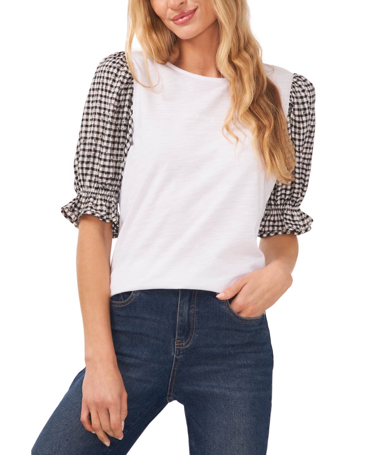 Cece Women's Mixedmedia Plaidprint Puffsleeve Tee In Ultra White