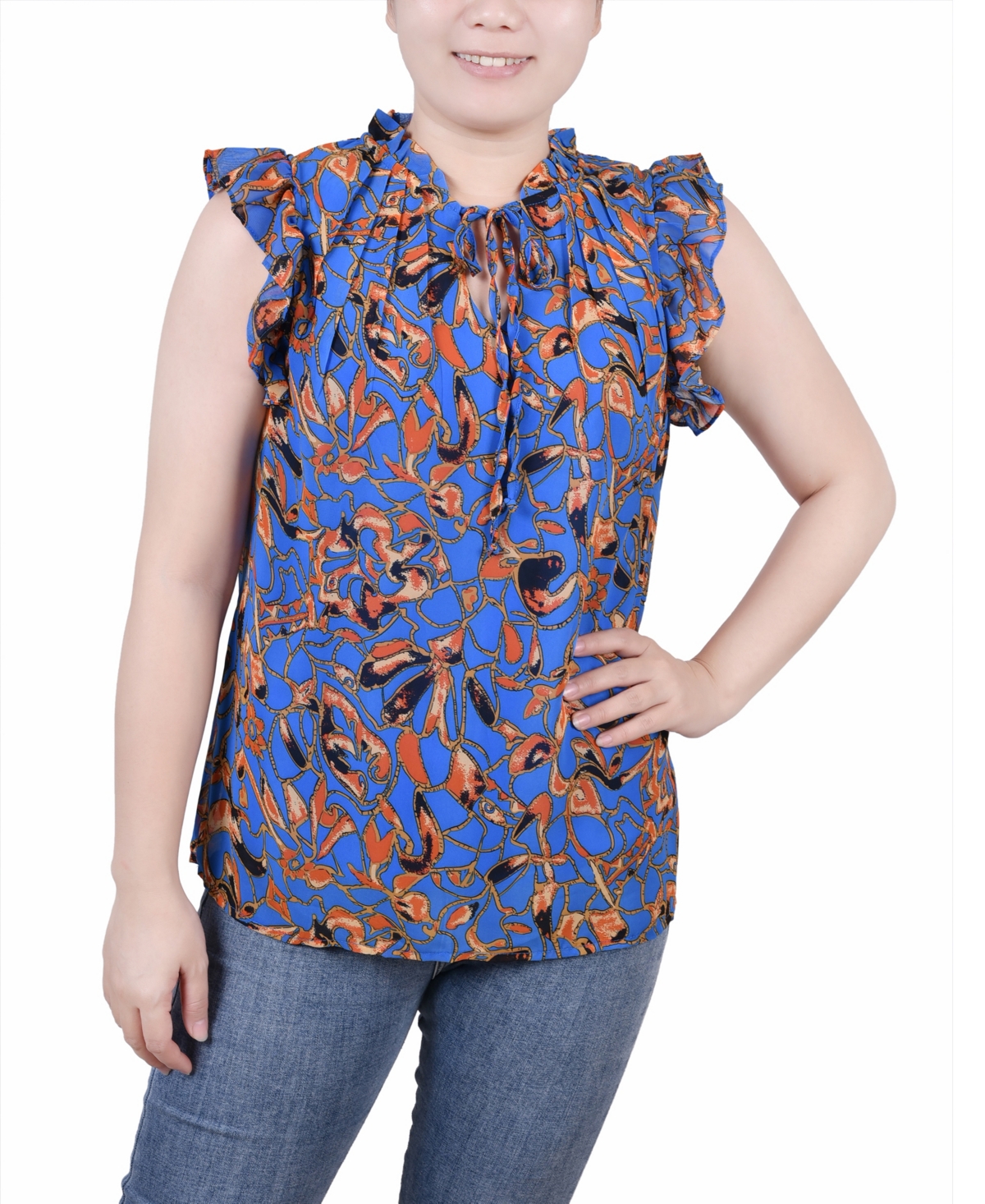 Ny Collection Petite Size Ruffled Sleeve Blouse With Tie Closure Top In Blue Yellow Floral