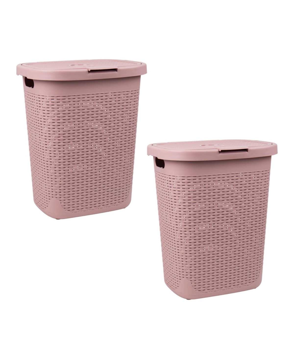 Basket Collection Slim Laundry Hamper, Cut Out Handles, Attached Hinged Lid, Ventilated, Set of 2 - Pink