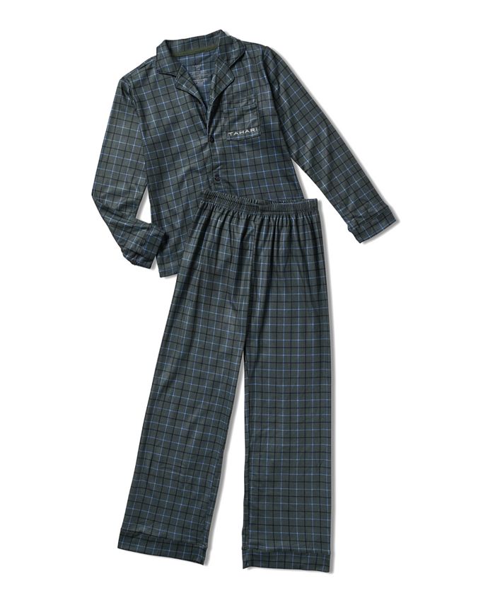 Tahari Little Big Boys Green Plaid Notch Collar Button Up Top and