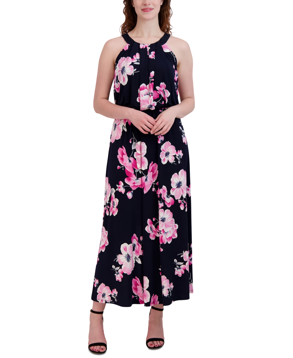 Petite Floral-Print Halter Maxi Dress - Navy/Pink