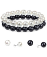 4-Pc. Set Freshwater Pearl (8 1/2 - 9 1/2mm) & Onyx Stretch Bracelets & Stud Earrings - Onyx  Pearl