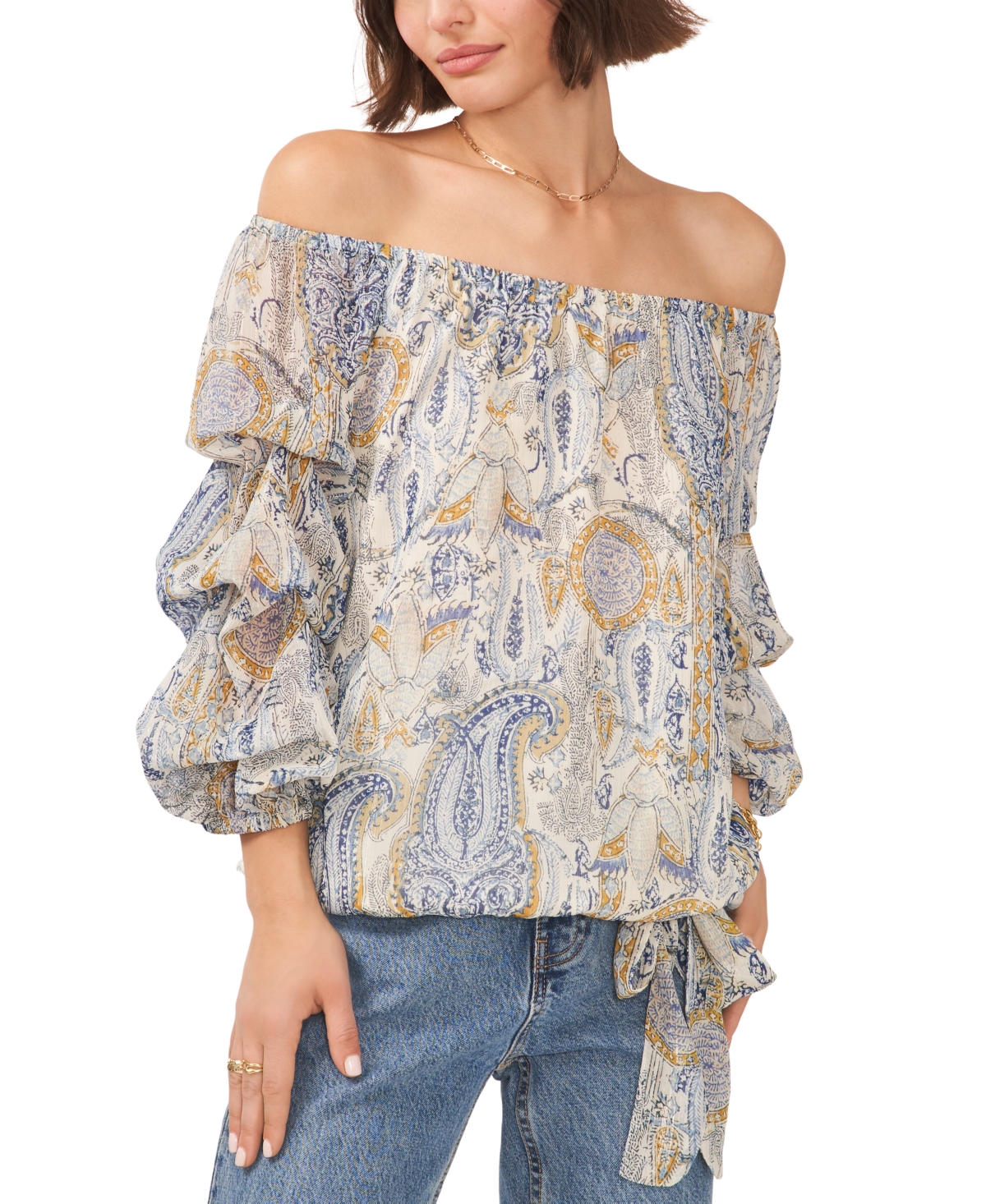 Vince Camuto Women's Paisley Off The Shoulder Bubble Sleeve Tie Front Blouse In Cream Multi