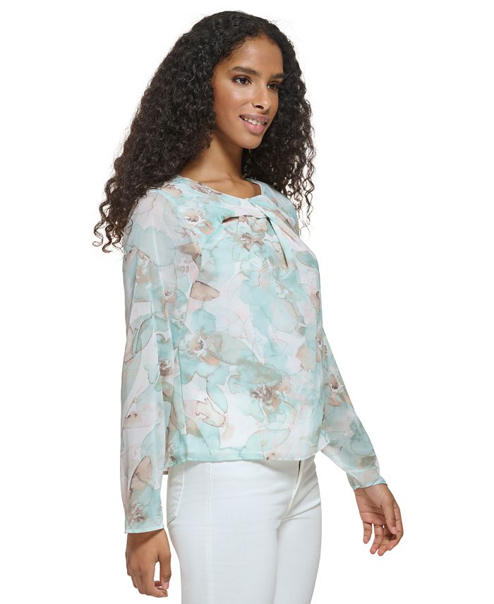 Calvin Klein Women's Printed Ruffle Trim Long Sleeve Blouse Brown Size X-Large