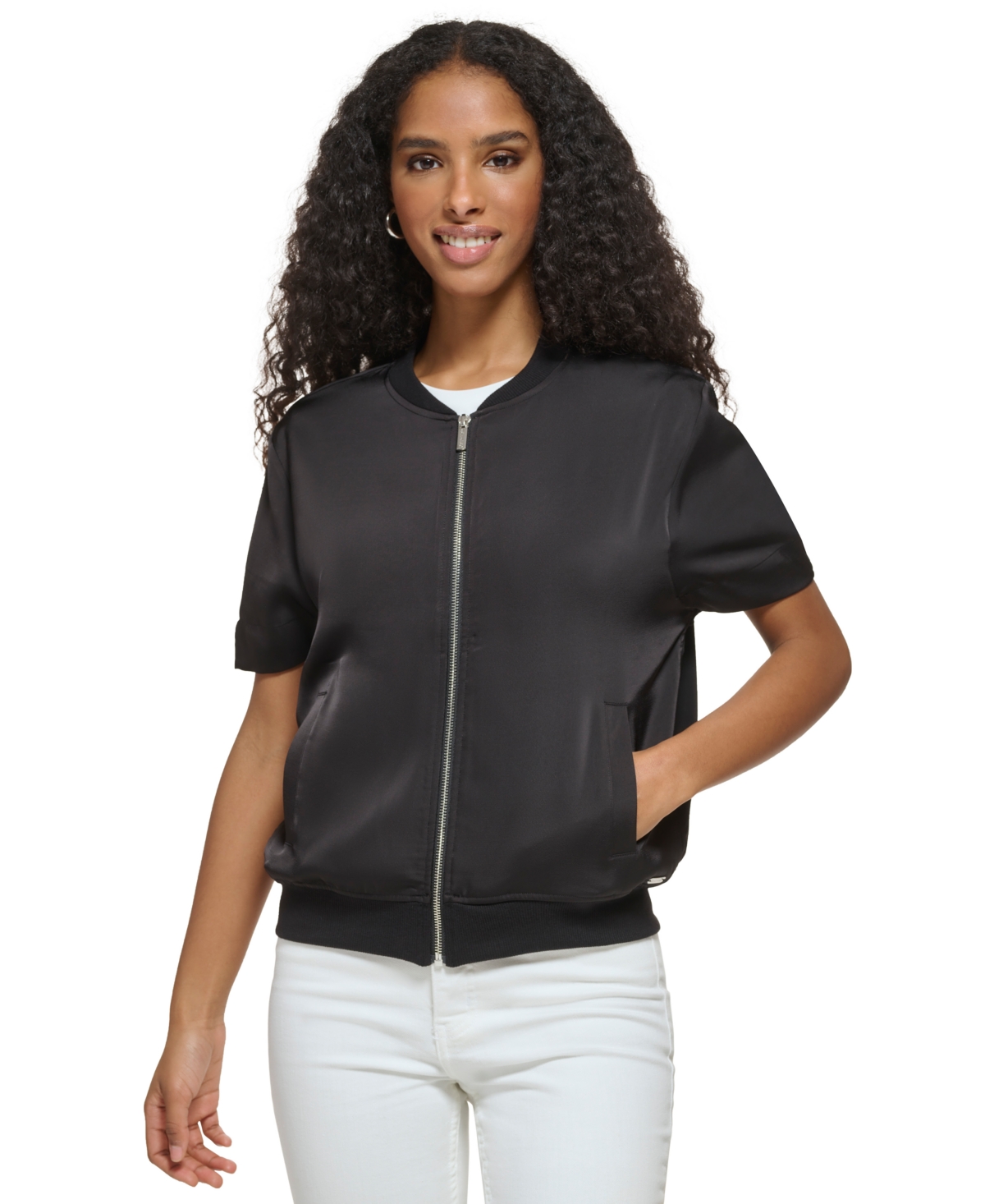 bred forudsigelse greb Calvin Klein Women's Short Sleeve Satin Bomber Jacket In Black | ModeSens