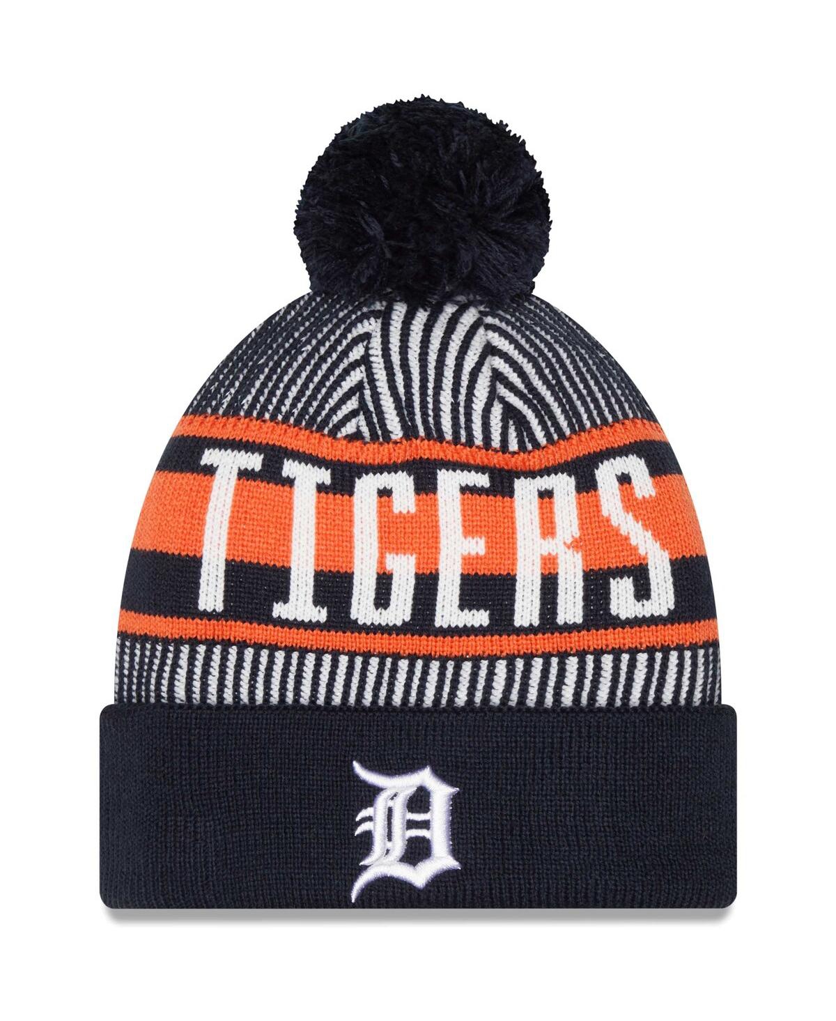 Men's New EraDetroit Tigers Striped Cuffed Knit Hat with Pom - Navy