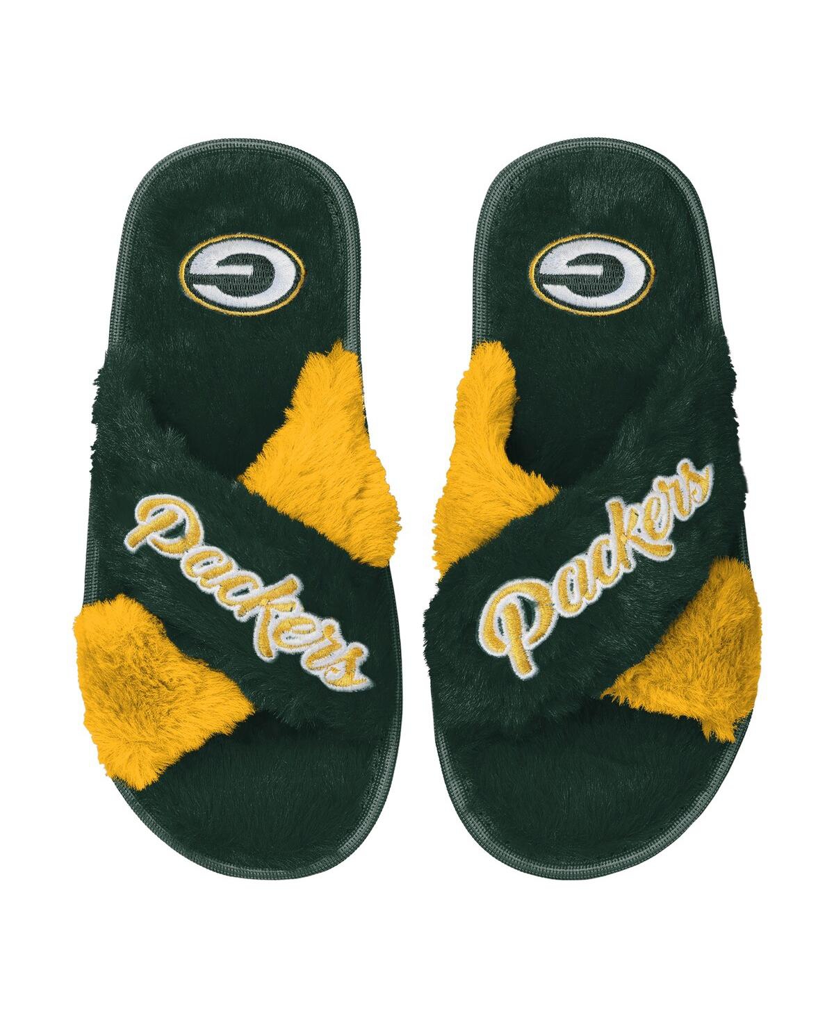 Foco Women's  Green Green Bay Packers Two-tone Crossover Faux Fur Slide Slippers