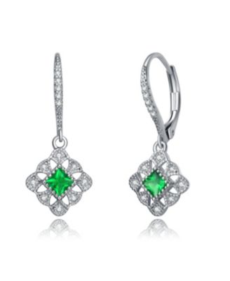 Sterling Silver White Gold Plated Radiant and Round Cubic Zirconia Adorn Leverback Earrings