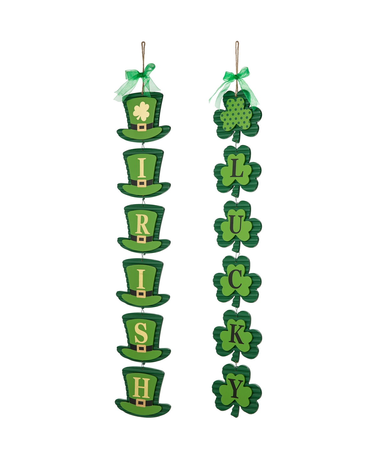 Glitzhome 30" H St. Patrick's Wooden Shamrock And Leprechaun Hats Door Hanger, Set Of 2 In Green