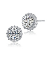 Genevive Sterling Silver Clear Round Cubic Zirconia with Pronged Halo Small Clear Round Cubic Zirconias Button Style Earrings -