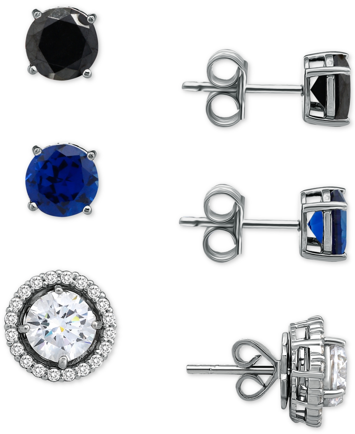 3-Pc. Set Multicolor Cubic Zirconia Stud Earrings with Interchangeable Halo Jackets in Sterling Silver, Created for Macy's - Multi