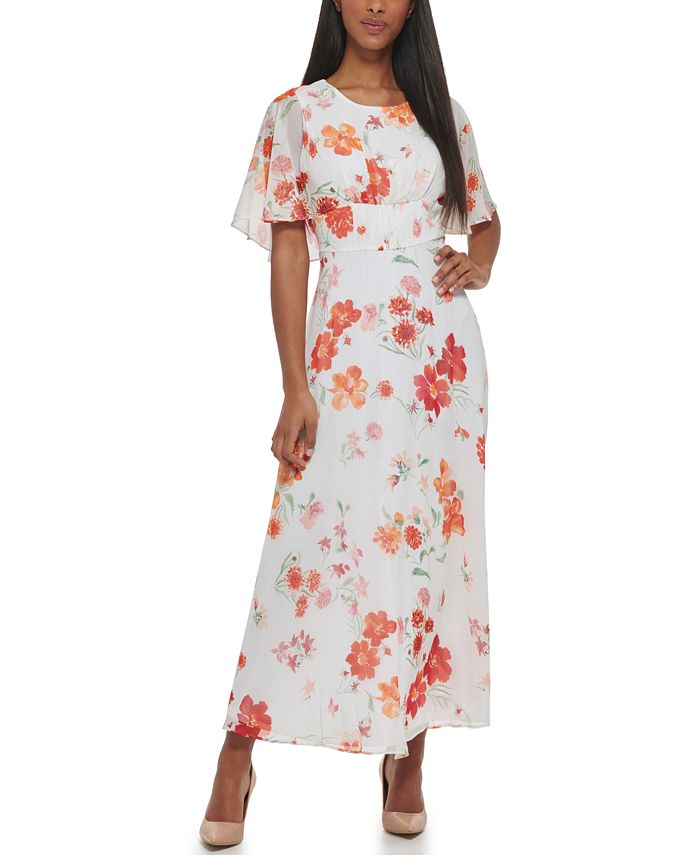 Calvin Klein Women's Floral-Print Flutter-Sleeve Maxi Dress & Reviews -  Dresses - Women - Macy's