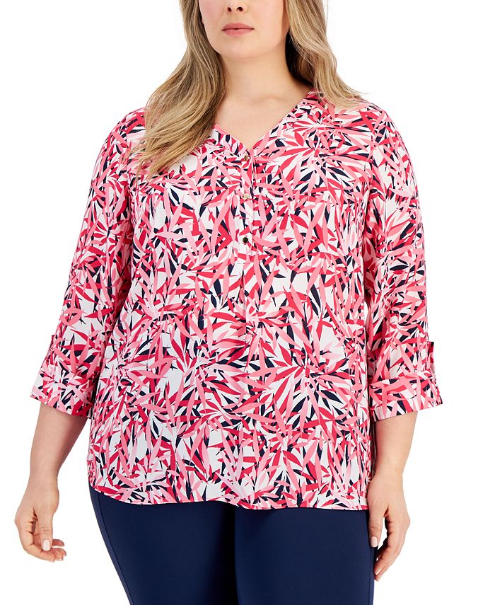 JM Collection Plus Size Floral-Print Roll-Tab-Sleeve Top, Created for ...