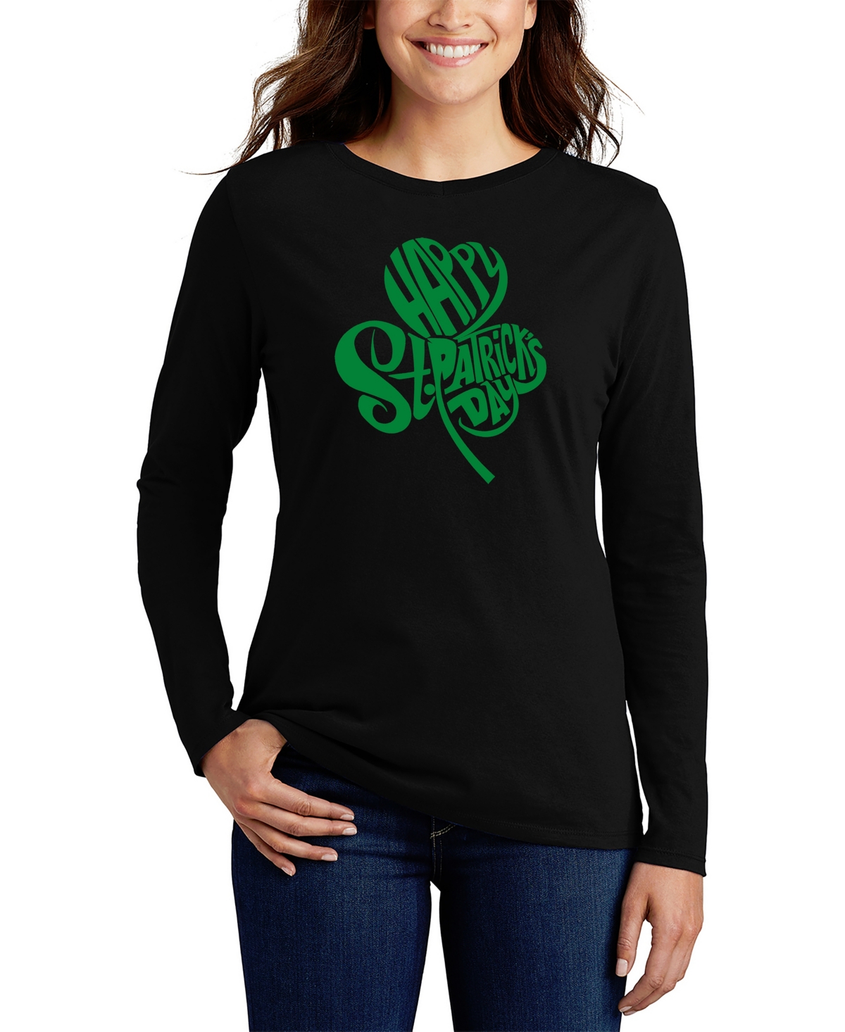 La Pop Art Women's St. Patrick's Day Shamrock Word Art Long Sleeve T-shirt In Black