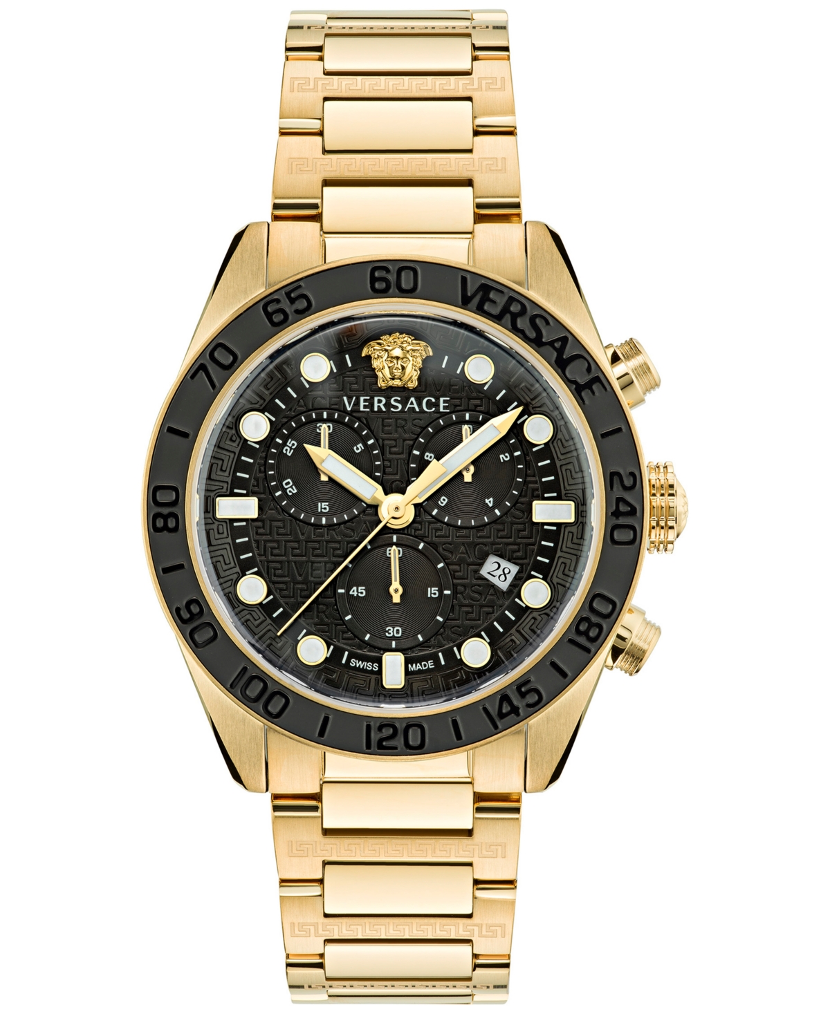 Shop Versace Men's Swiss Chronograph Greca Dome Gold Ion Plated Bracelet Watch 43mm In Ip Yellow Gold
