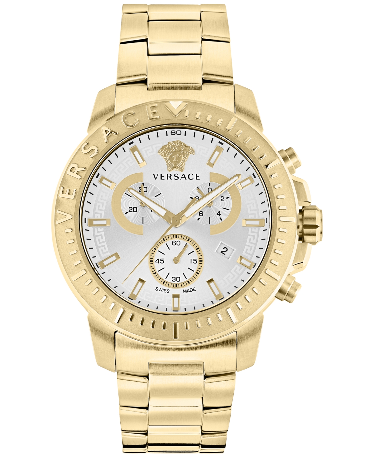 Versace Men's Swiss Chronograph Greca Gold Ion Plated Bracelet Watch 45mm In Ip Yellow Gold