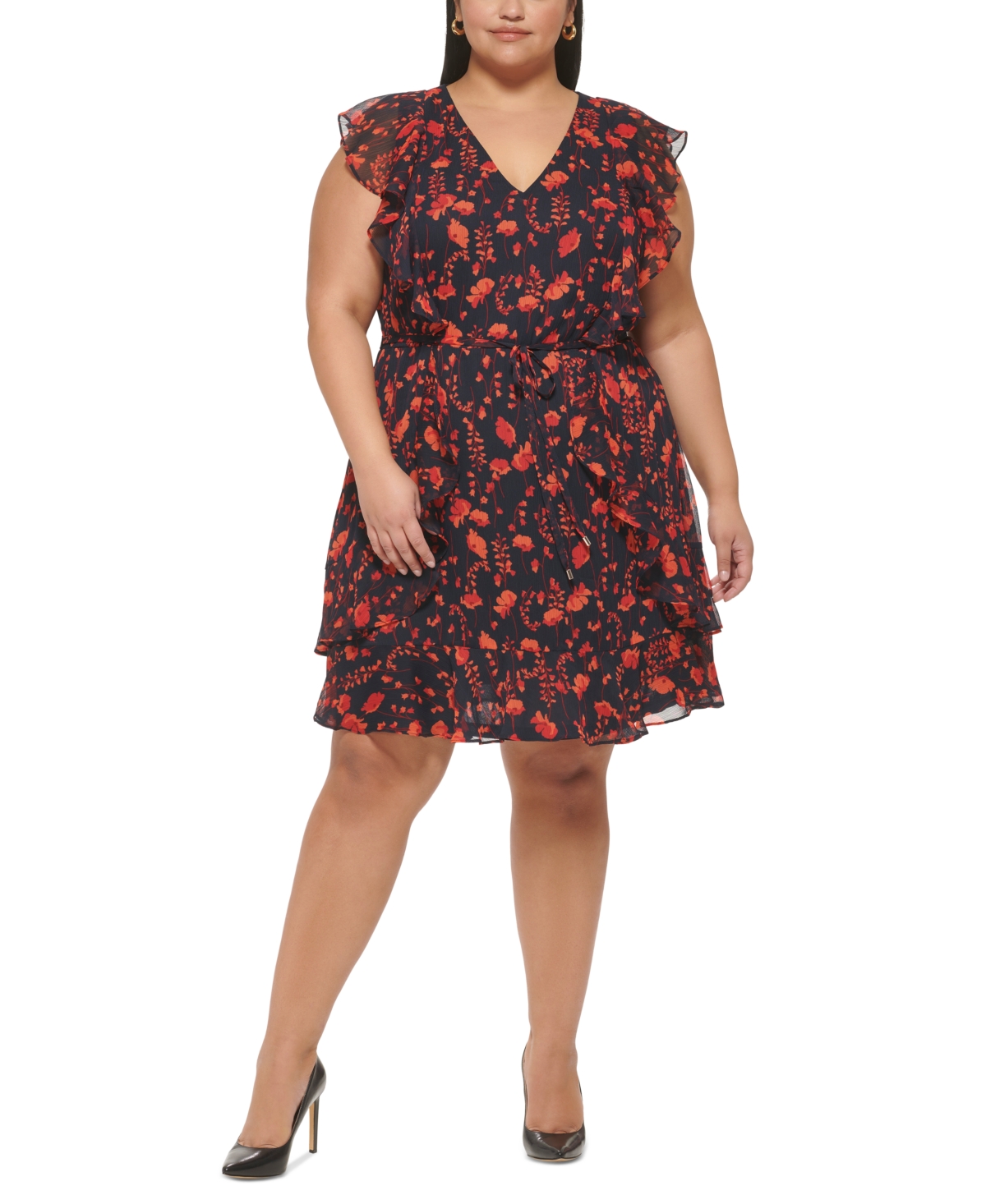 Tommy Hilfiger Plus Size Ruffled Floral Chiffon Dress In Grenadine Multi