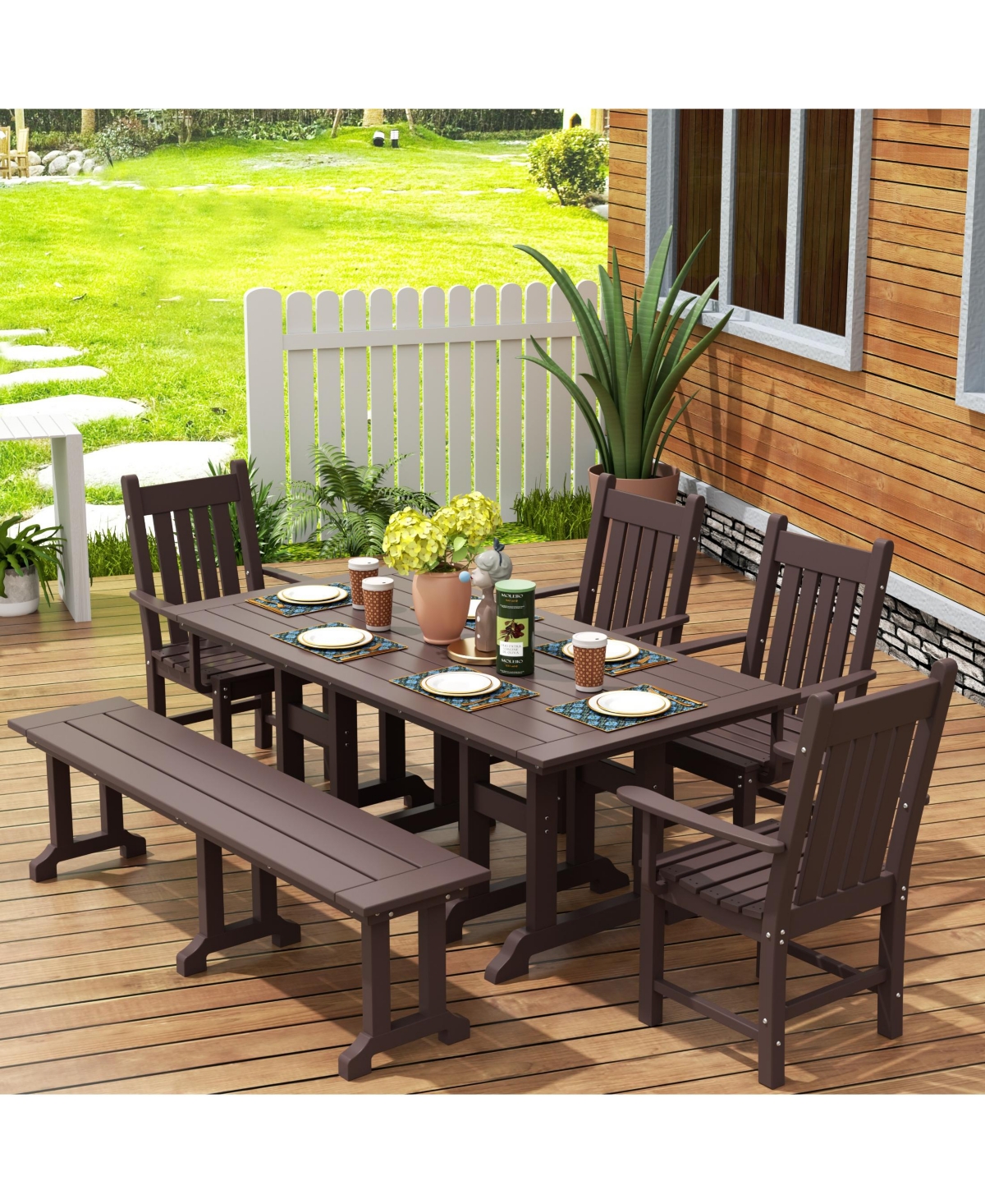 WestinTrends 6 Piece Outdoor Patio Dining Set Table and Bench Armchair