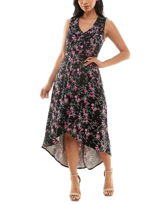 BCX - Juniors' Floral-Print Ruffled-Neck High-Low Fit & Flare Dress