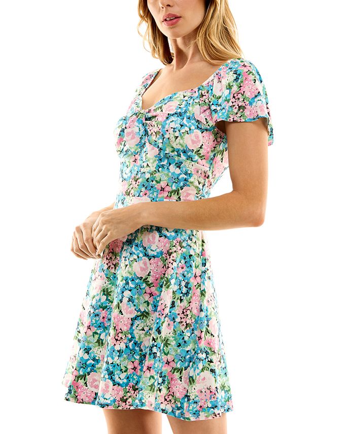 BCX Juniors' Tie-Bow Sweetheart-Neck Floral-Print Fit & Flare Dress ...