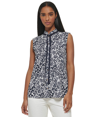 Tommy Hilfiger Women's Sleeveless Tie-Neck Floral Print Top - Macy's