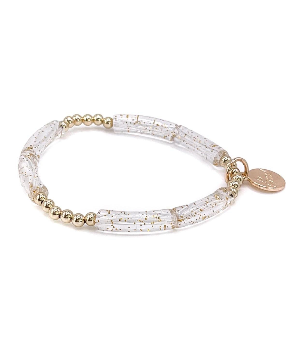 Non-Tarnishing Gold filled, 4mm Gold Ball and Acrylic Stretch Bracelet - Clear with glitter