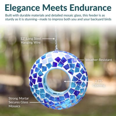 Outdoor Garden Patio Round Glass with Mosaic Design Hanging Fly-Through Bird Feeder - 6"