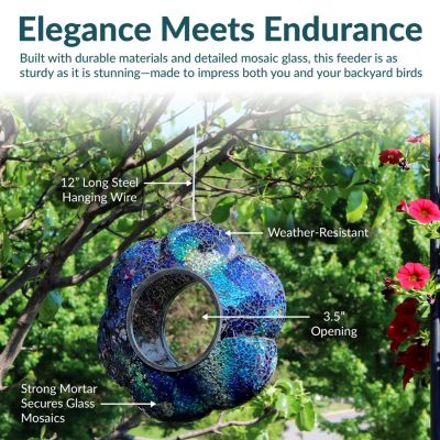Outdoor Garden Patio Glass Round Flower Shaped Hanging Fly-Through Bird Feeder - 10" - Indigo