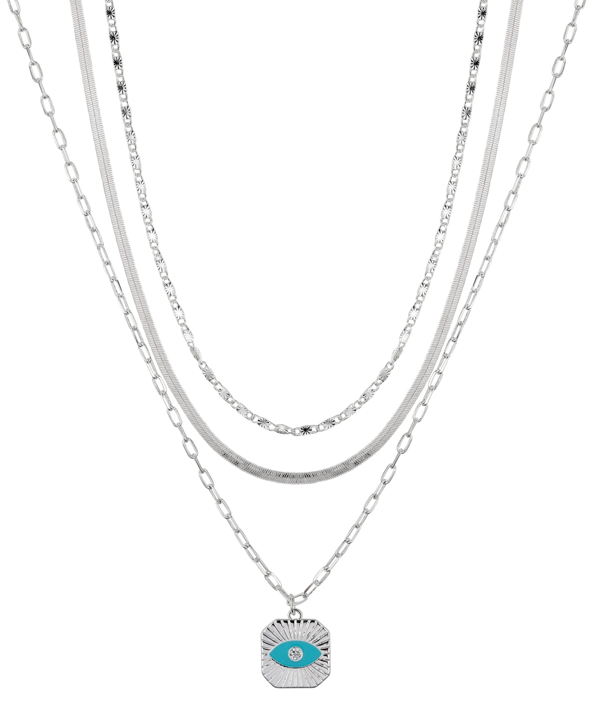 Fine Silver Plated Cubic Zirconia Evil Eye on a Link, Herringbone, Flat Circle Link Chain Necklace Set - Silver