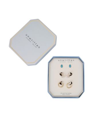 14K Gold Flash-Plated Cubic Zirconia Blue Enamel Hamsa Post Stud and Hoops  Earring Set