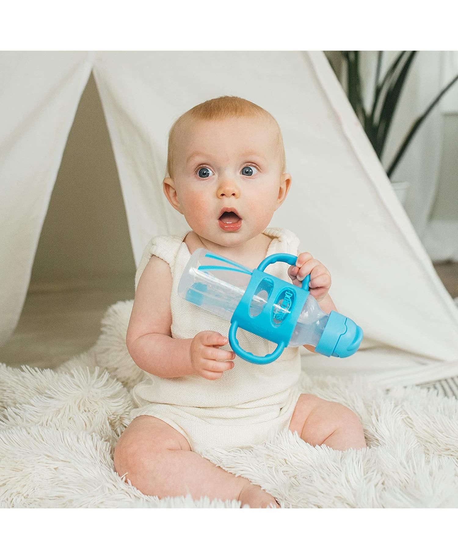 Baby Narrow Sippy Straw Bottle with 100% Silicone Handles, 8oz, Blue