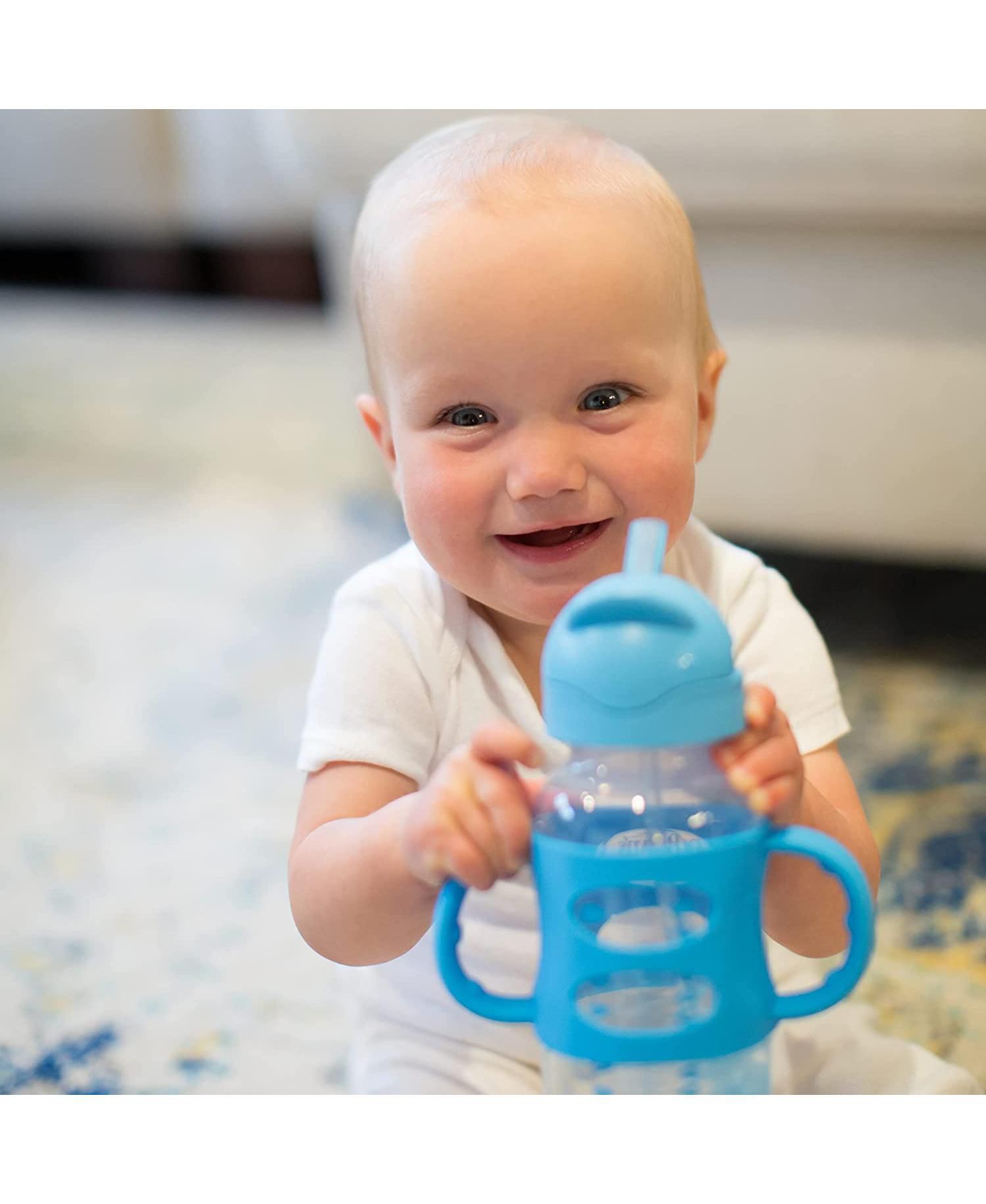 Baby Wide-Neck Sippy Straw Bottle with 100% Silicone Handles, 9oz, Blue