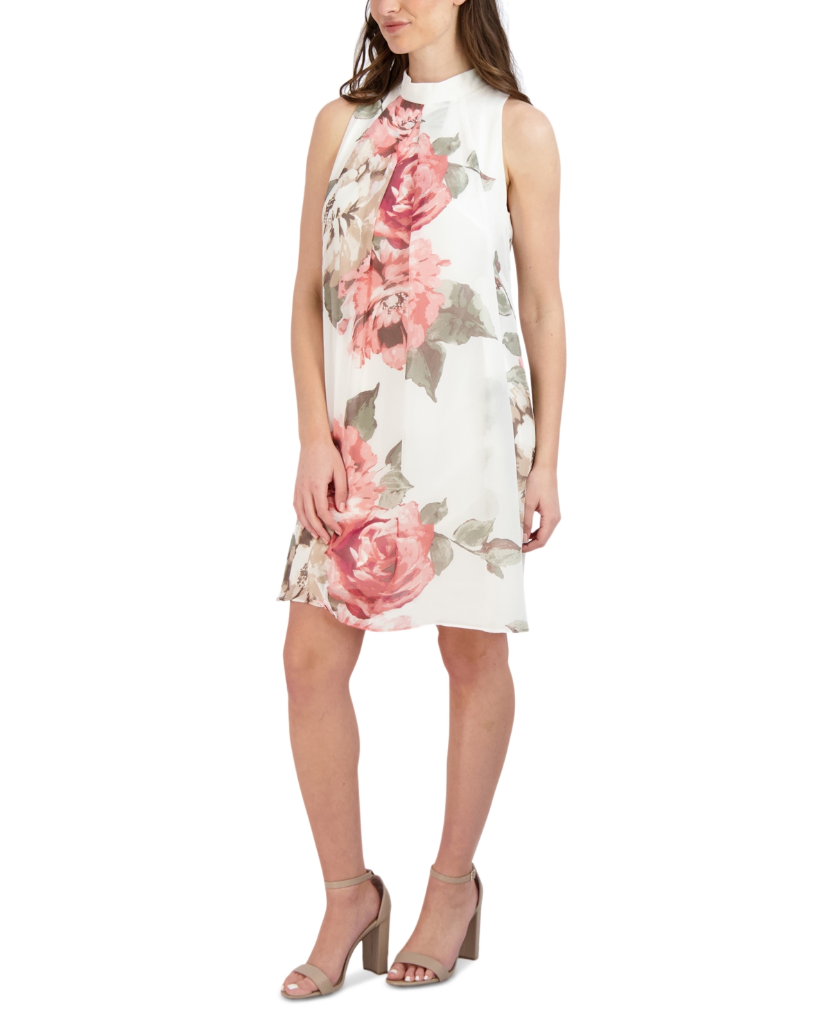 Shop Robbie Bee Petite Floral-print Mock Neck Trapeze Dress In Ivory Lila