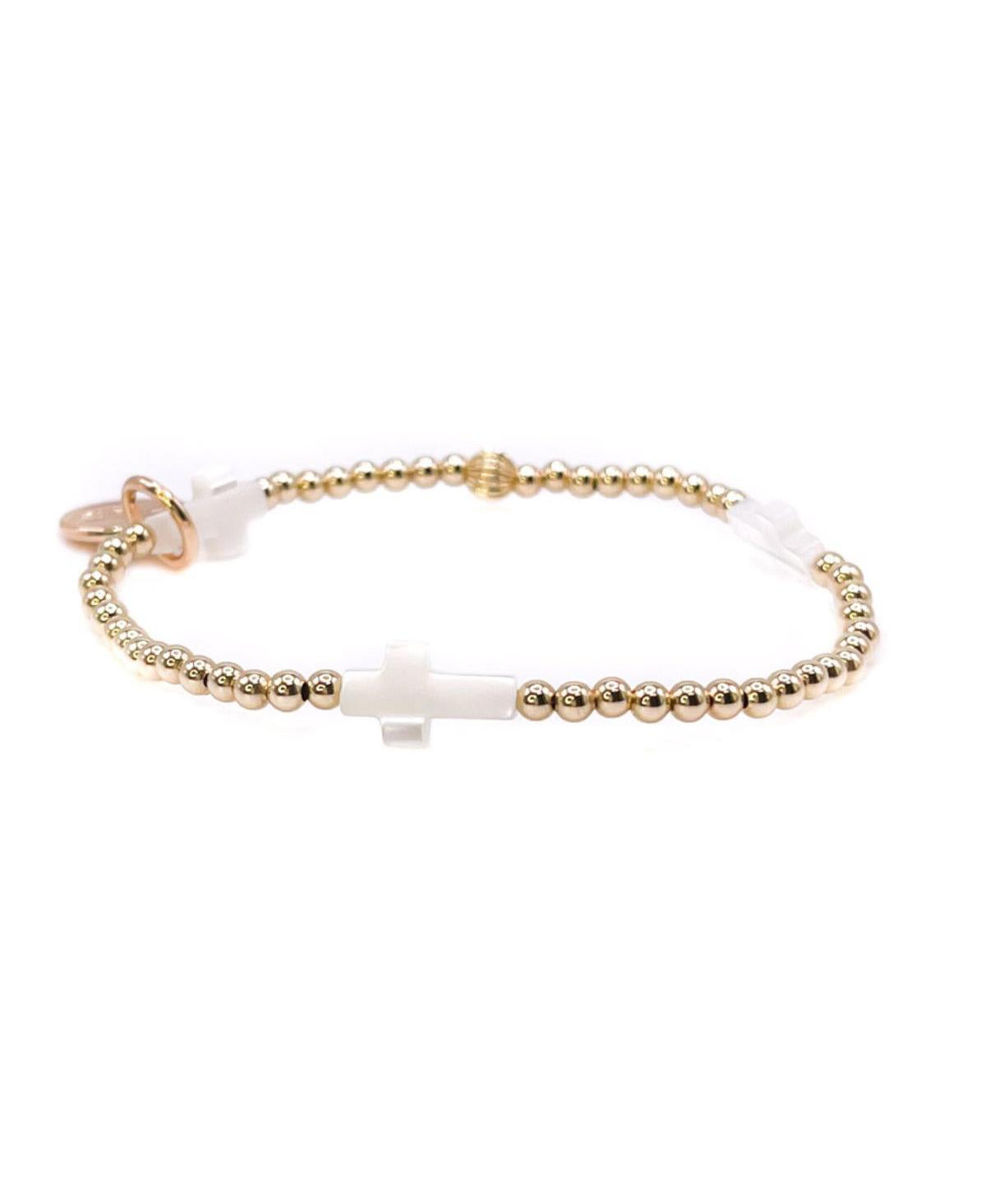 Non-Tarnishing Gold filled, 3mm Gold Ball and Mother Of Pearl Cross Stretch Bracelet - Gold