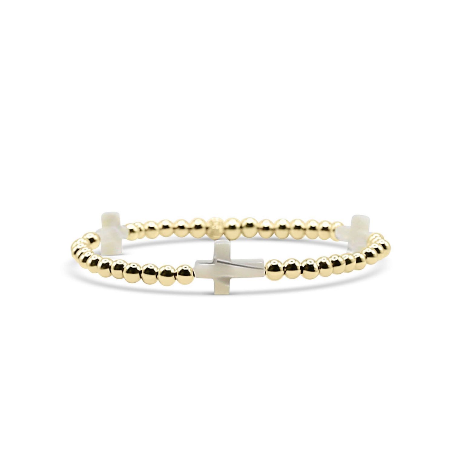 4mm Gold Filled Ball and Mother Of Pearl Cross Stretch Bracelet
