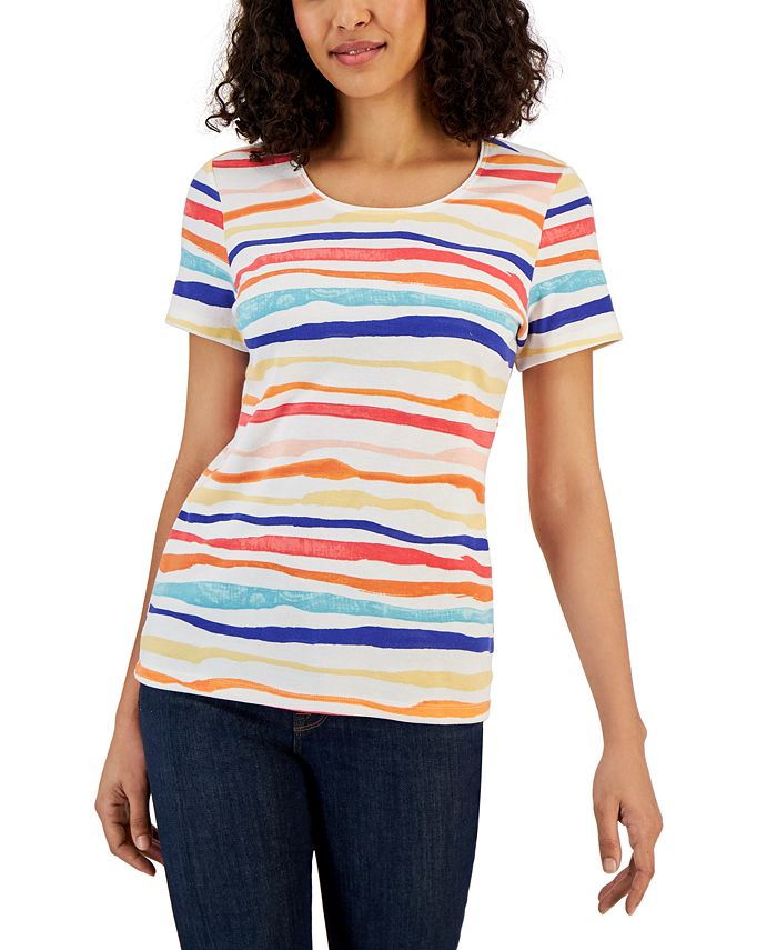 Karen Scott Sport Striped 3/4-Sleeve Top, Created for Macy's - Macy's