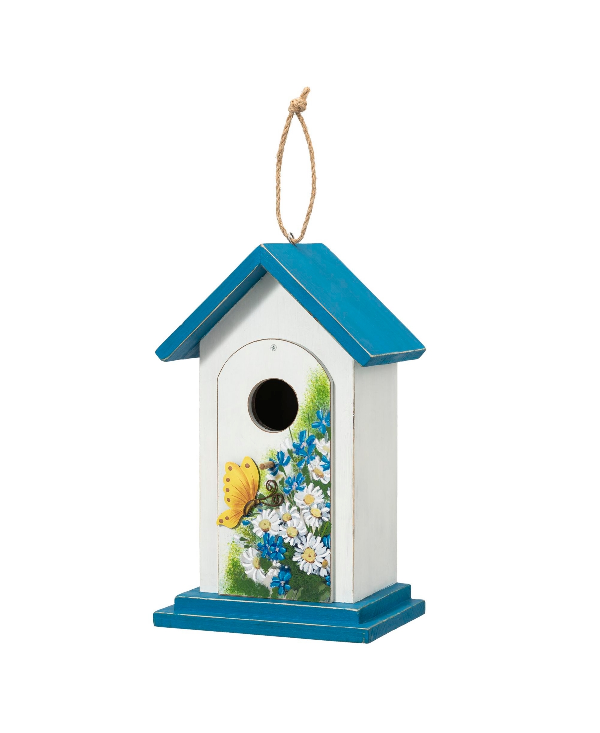 11.75" H Distressed Solid Wood Daisy with Butterfly Birdhouses - White