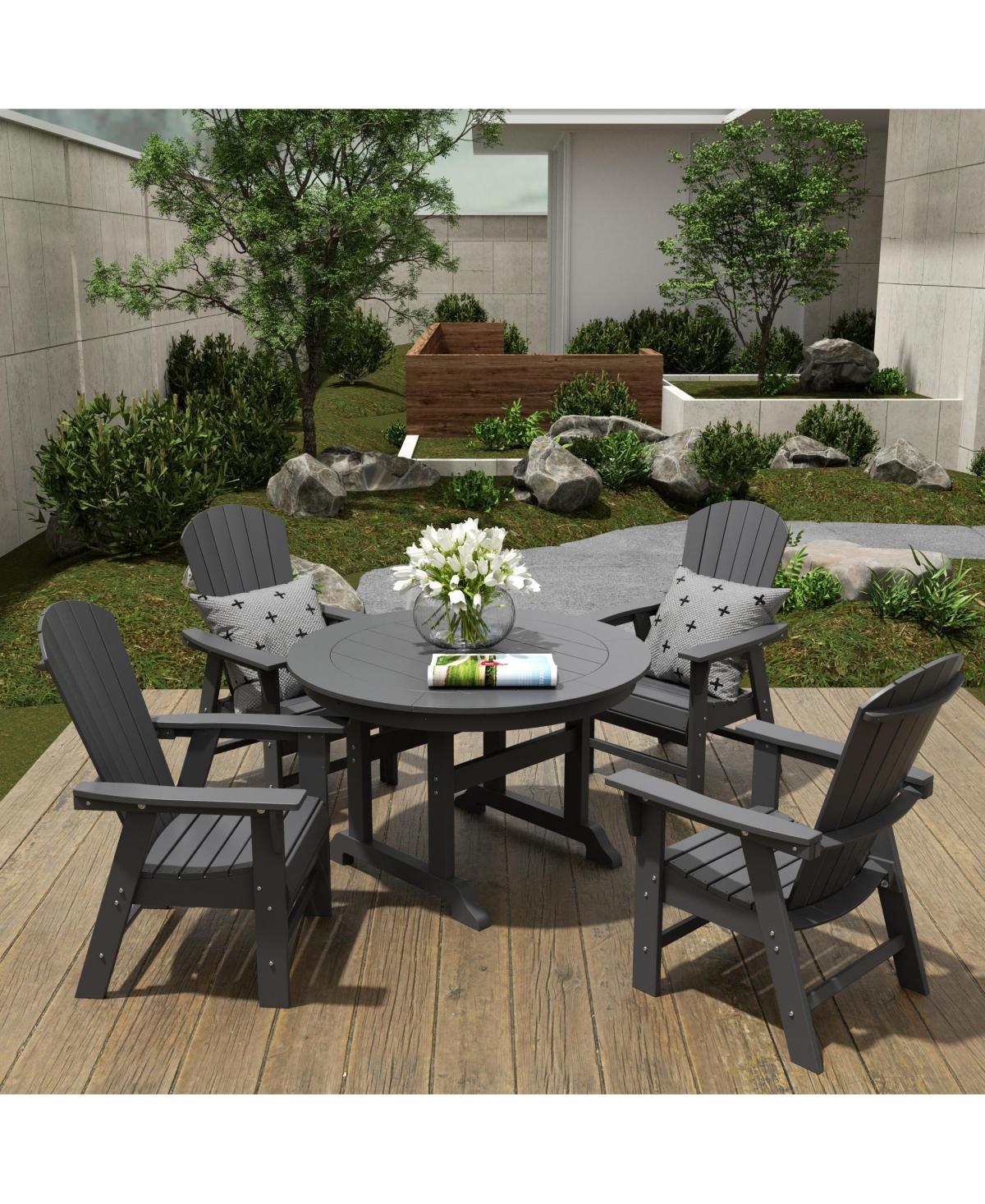 WestinTrends 5 Piece Outdoor Patio Dining Round Table and Shell Back Armchair Set