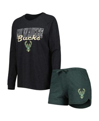 Women's Heather Black, Heather Hunter Green Milwaukee Bucks Team Raglan Long Sleeve T-shirt and Shorts Sleep Set