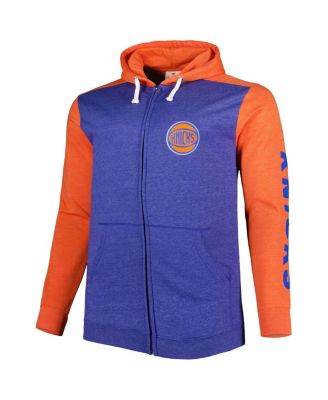 Men's Heathered Blue, Heathered Orange New York Knicks Big and Tall Down and Distance Full-Zip Hoodie