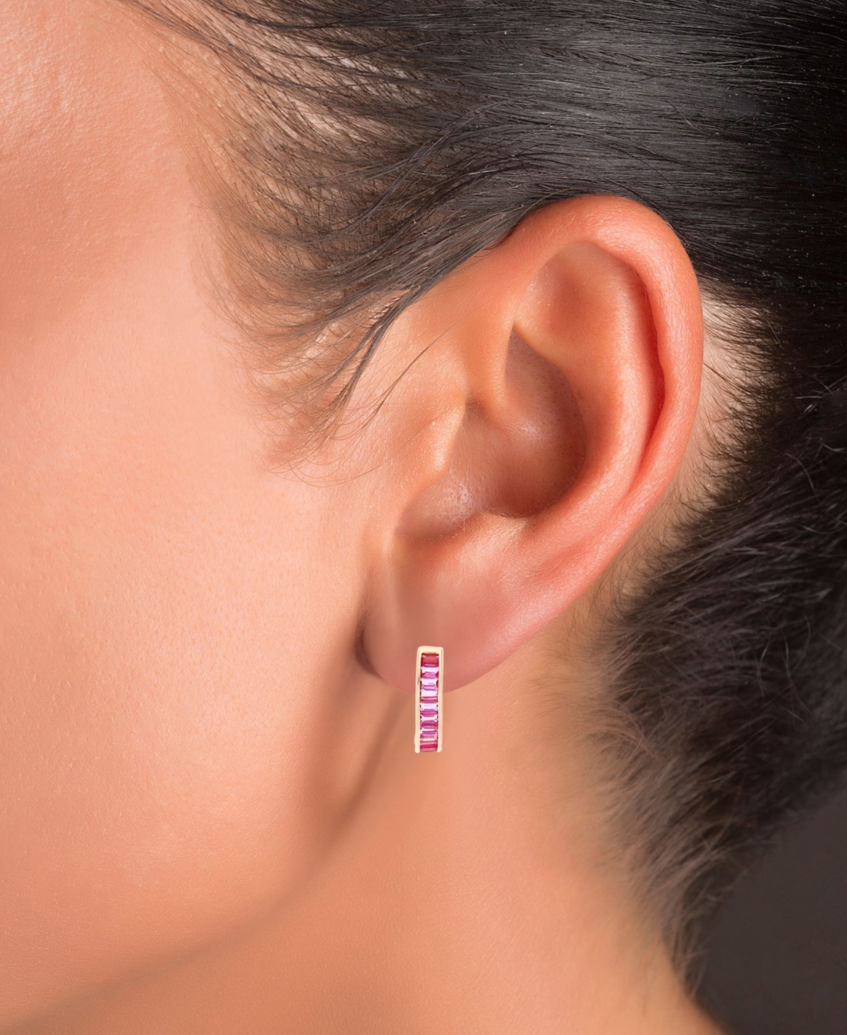 Cubic Zirconia J-Hoop Earrings in 14k Rose Gold Over Sterling Silver - PINK