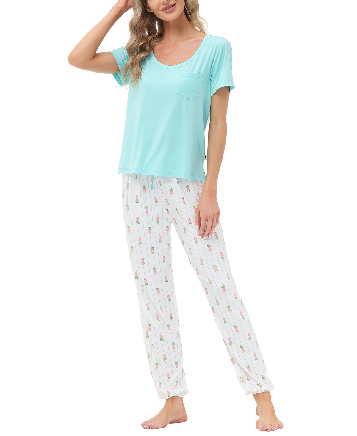 Echo Women's Short Sleeve Pocket T-Shirt with Printed Jogger Pants 2 Piece Pajama Set